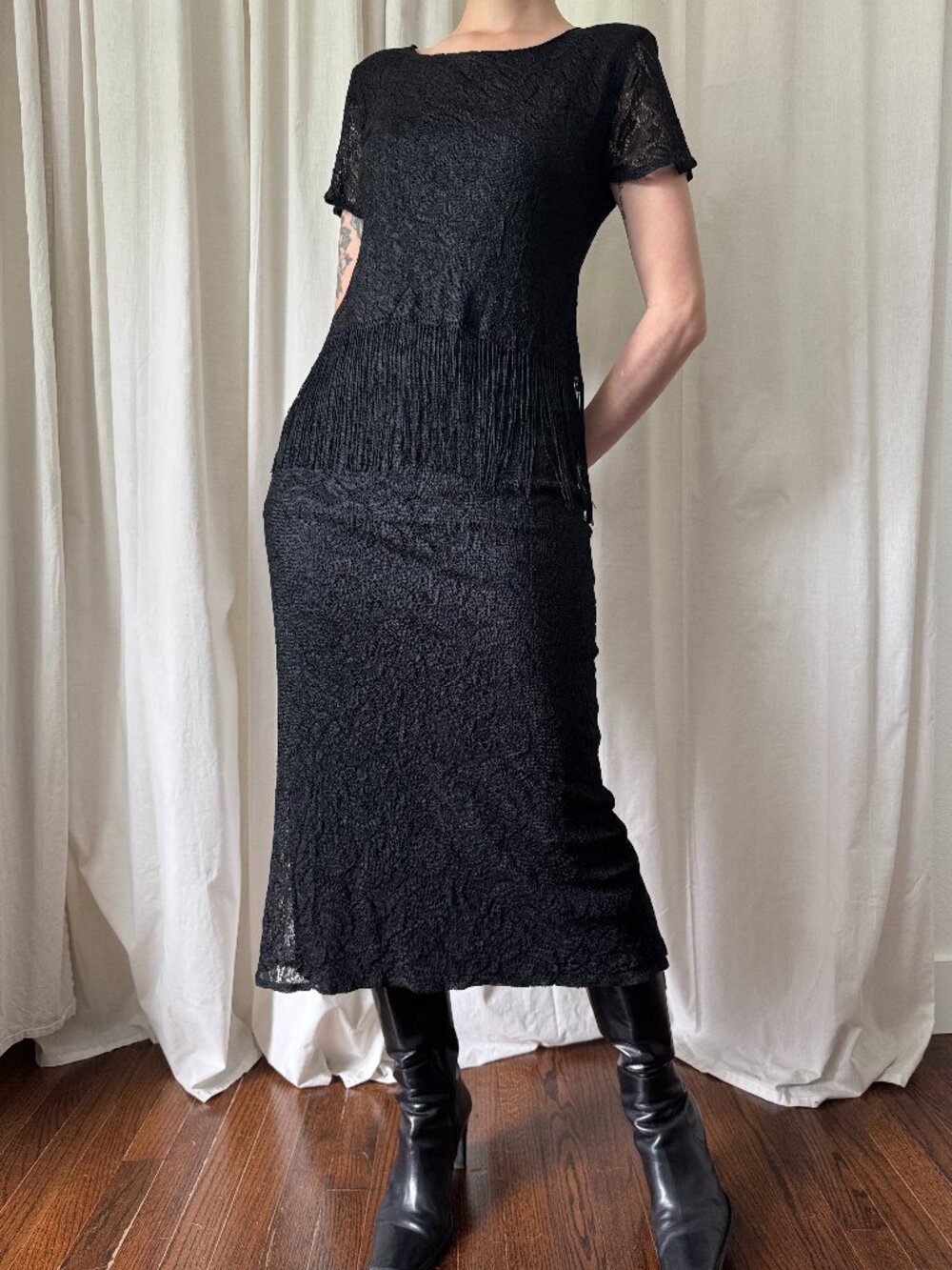 Vintage Sheri Martin Black Knit Tassel Fringe Dress Women's Size 6 Whimsigoth